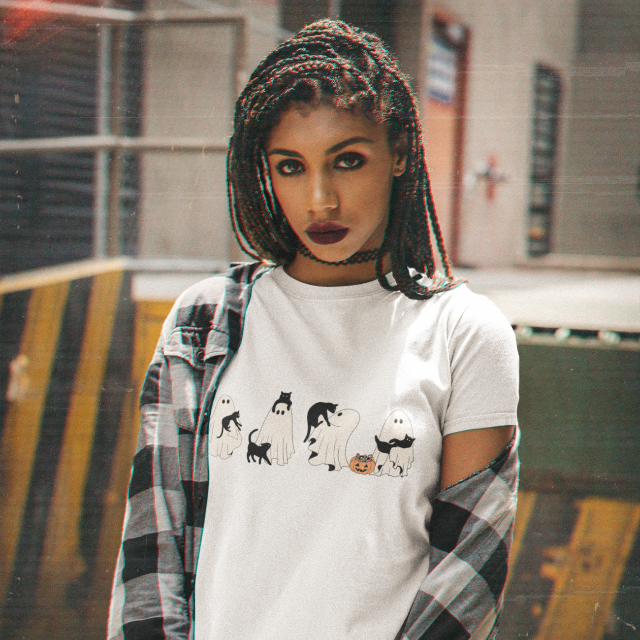 Halloween Ghosts Unisex Tee with Black Cat Design