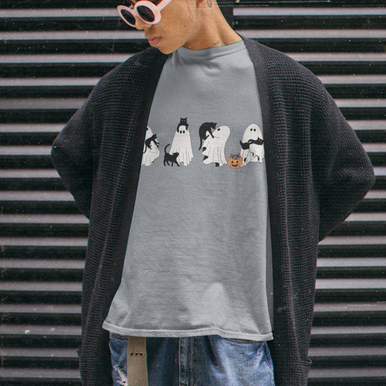 Halloween Ghosts Unisex Tee with Black Cat Design