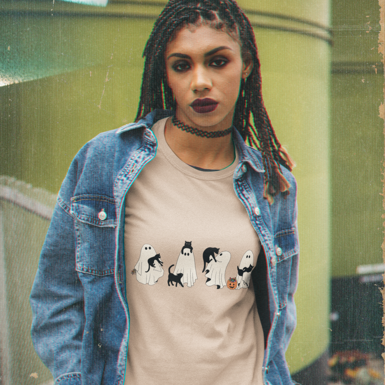 Halloween Ghosts Unisex Tee with Black Cat Design