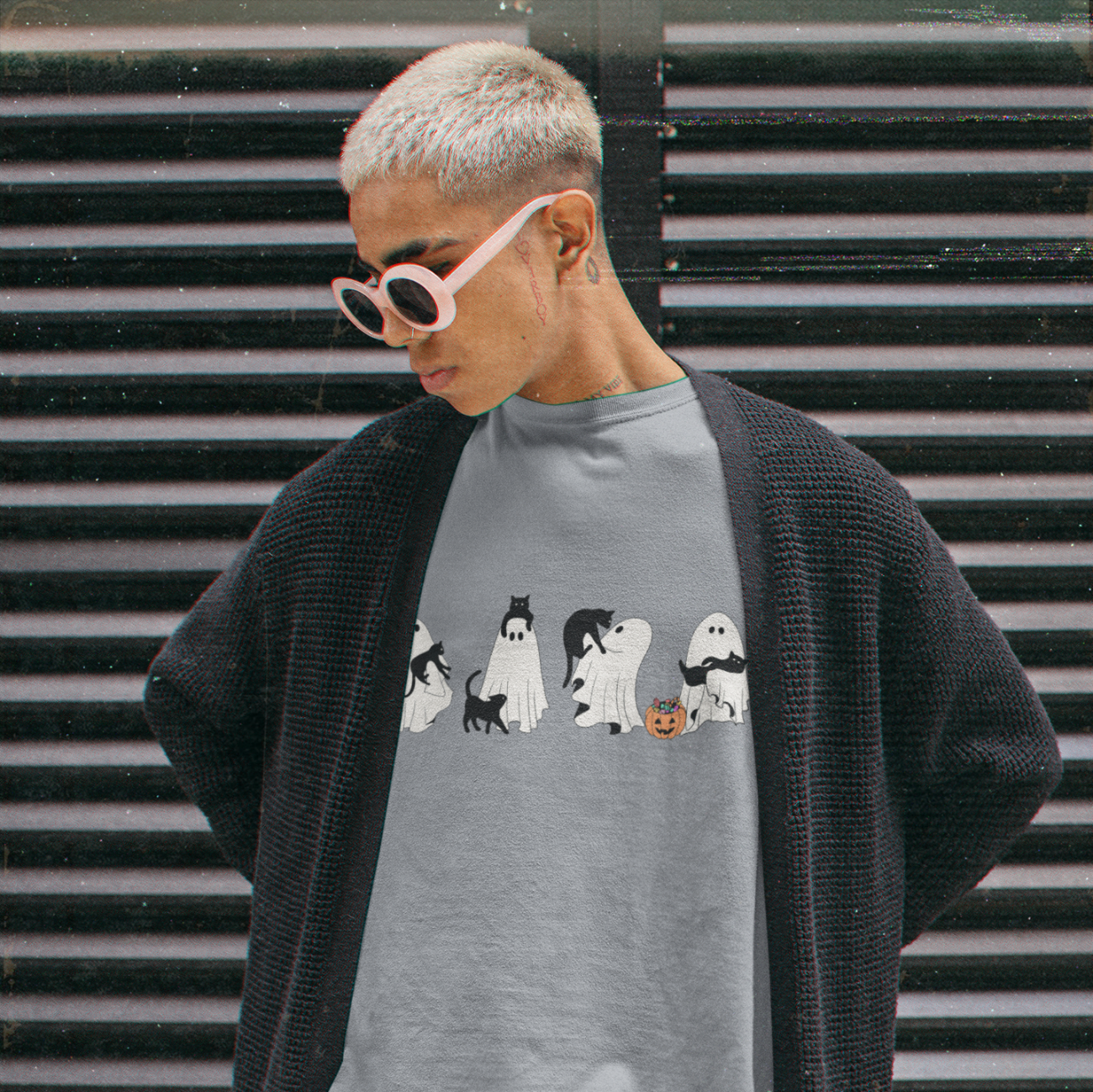 Halloween Ghosts Unisex Tee with Black Cat Design