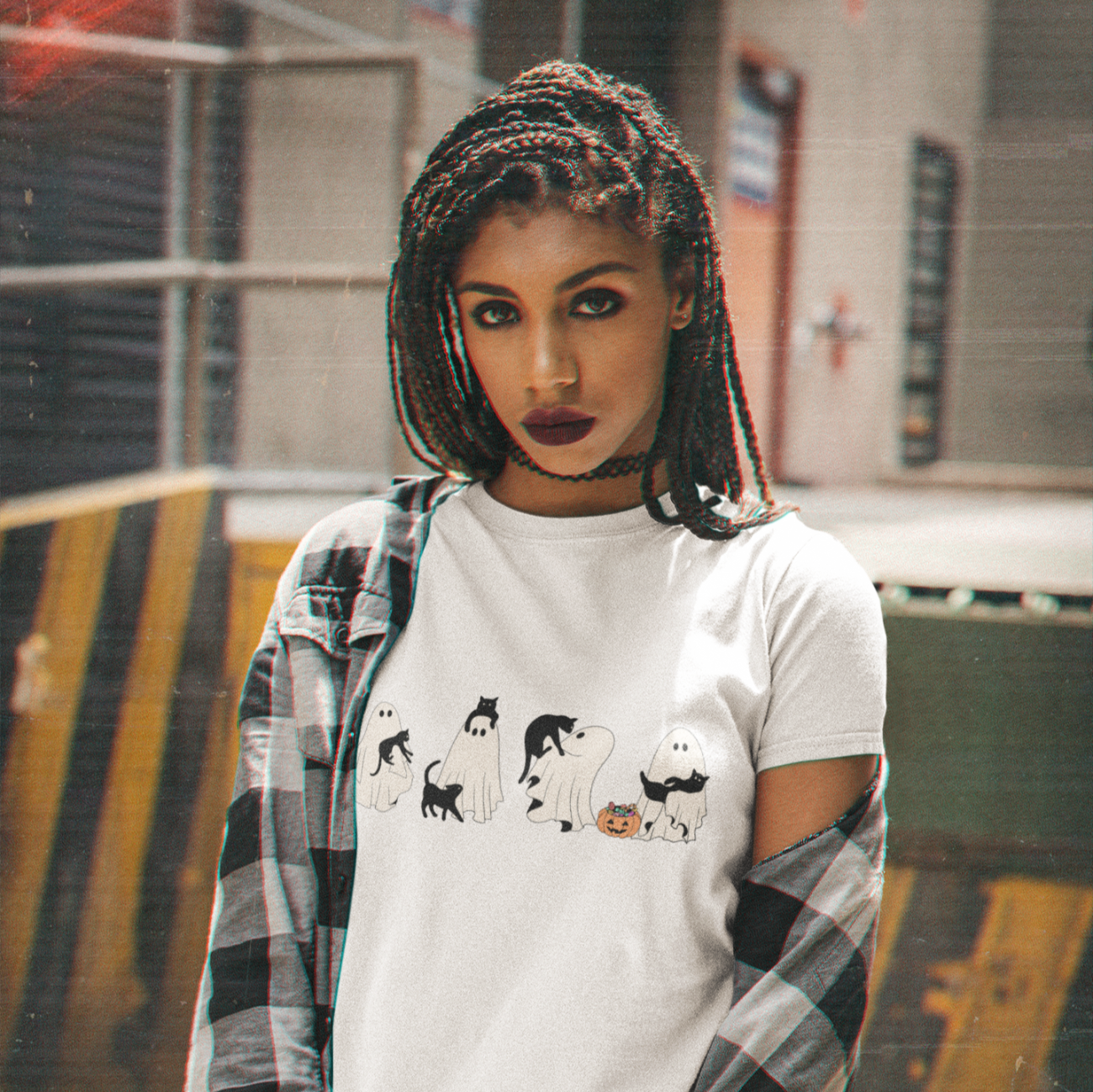 Halloween Ghosts Unisex Tee with Black Cat Design