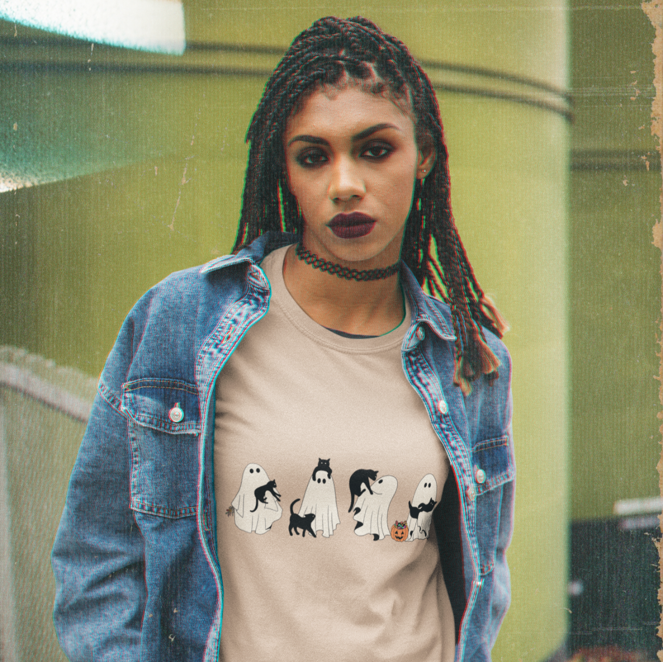 Halloween Ghosts Unisex Tee with Black Cat Design