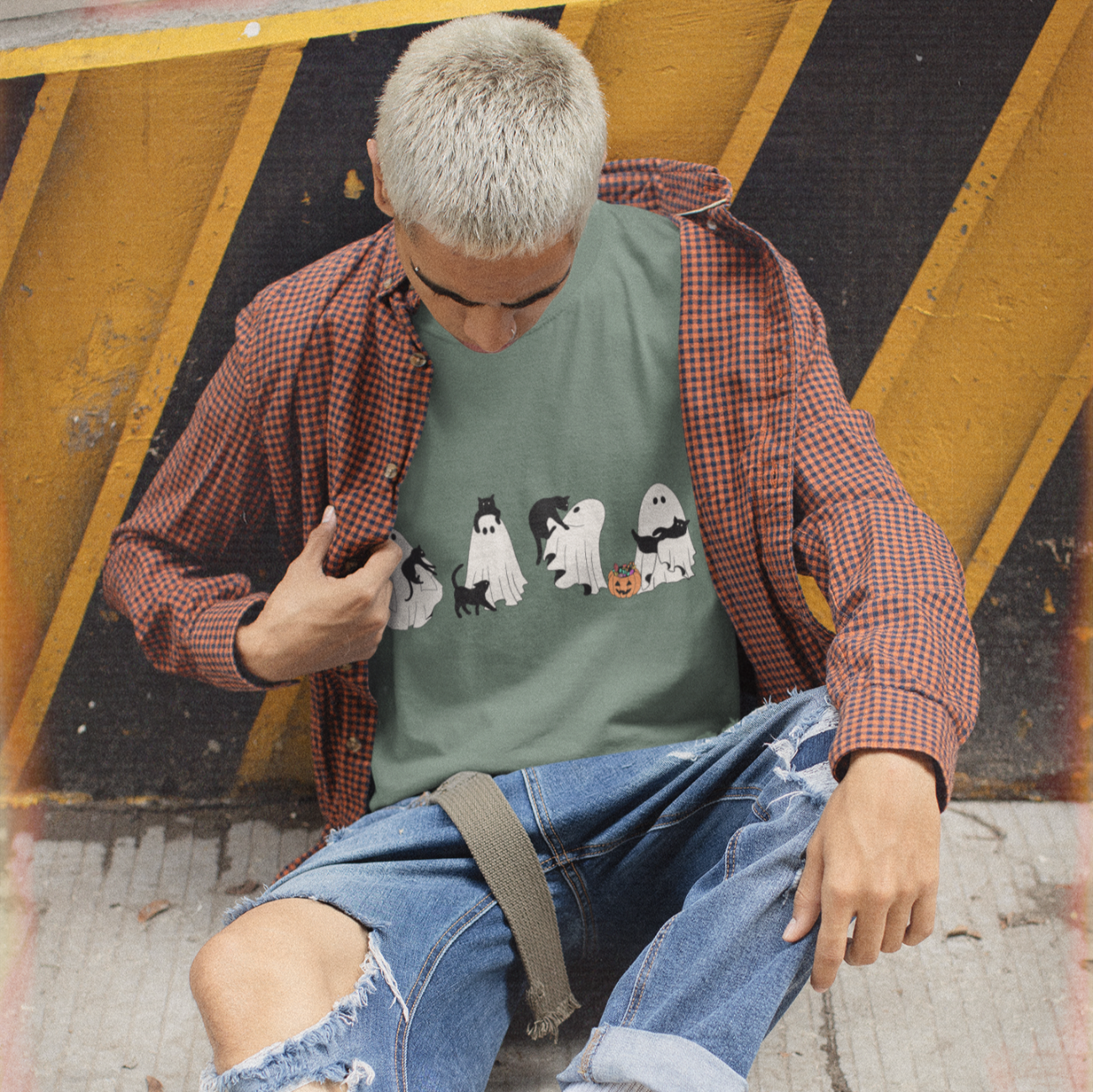 Halloween Ghosts Unisex Tee with Black Cat Design