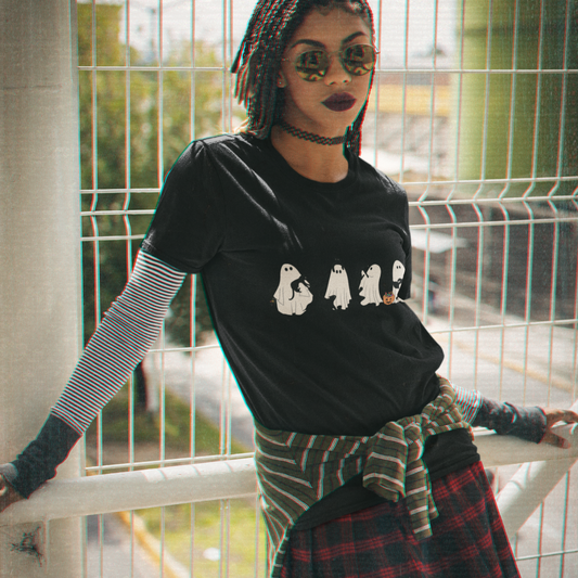 Halloween Ghosts Unisex Tee with Black Cat Design